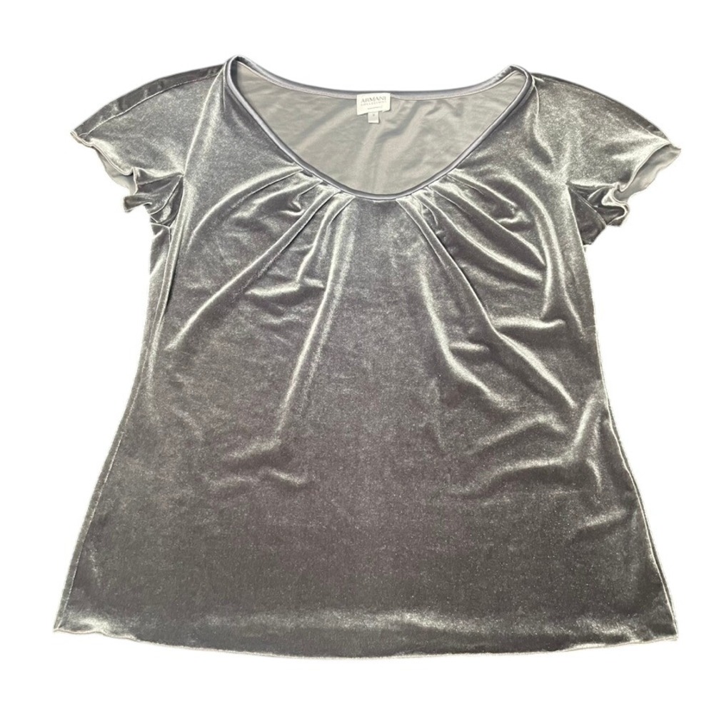 Armani Collezioni Grey Velvet Scoop Neck Pleated Short Sleeve Top‎ Size 8 Italy